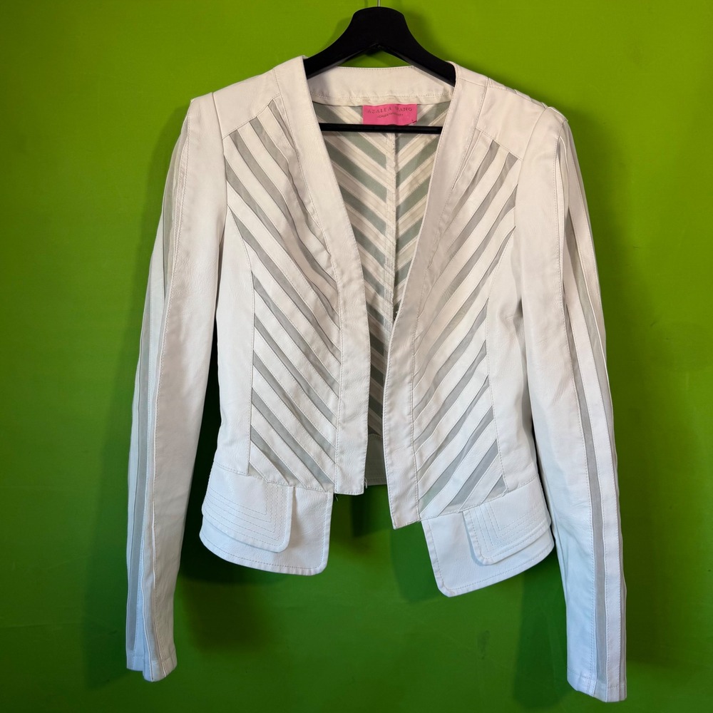 Azalea Wang White Faux Leather Mesh Panel Chevron Cropped Jacket Womens Large